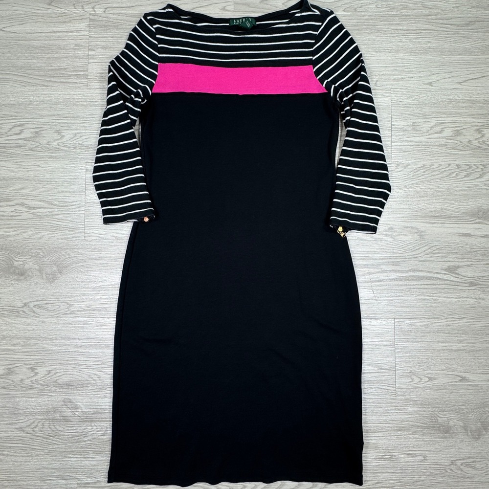 Lauren Ralph Lauren Women's Dress M Black White Striped Pink Colorblock Zip Cuff